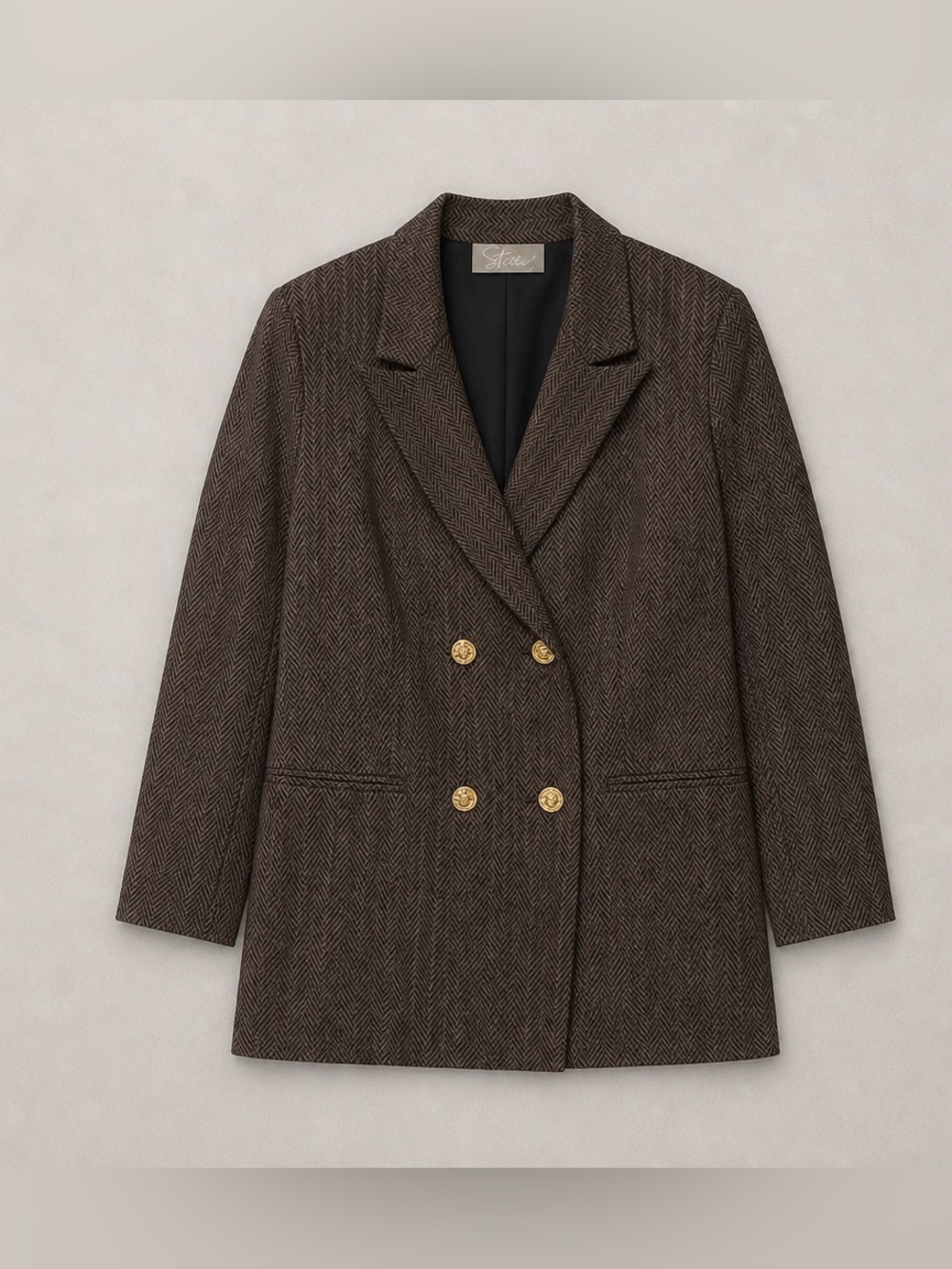 Stella Herringbone Double-Breasted Blazer with Gold Buttons L